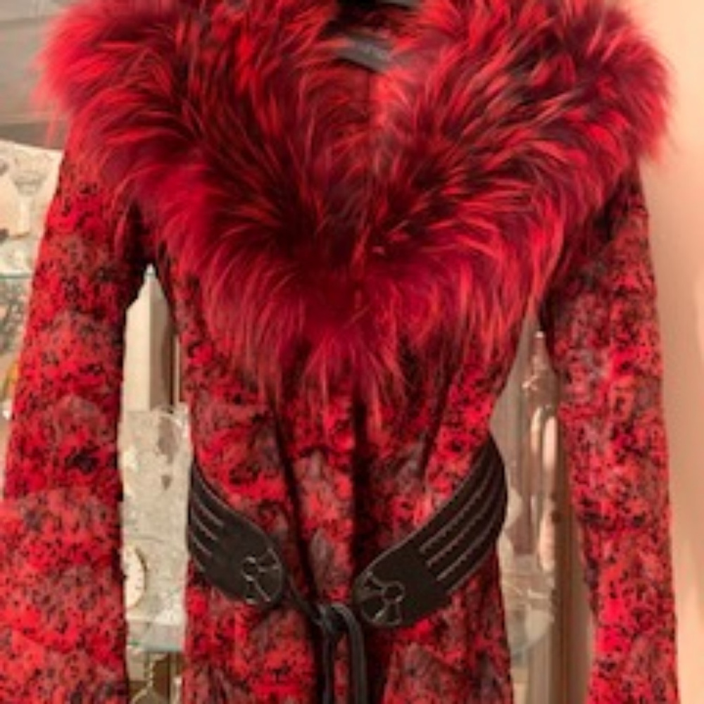 Red & Black Sheared Mink jacket with Fox collar